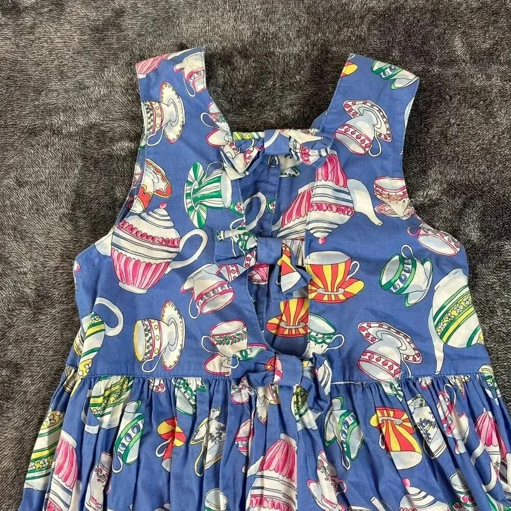 Vtg Cary San Francisco Sleeveless Tea Cup Print Dress Girls 7 Blue Buttons